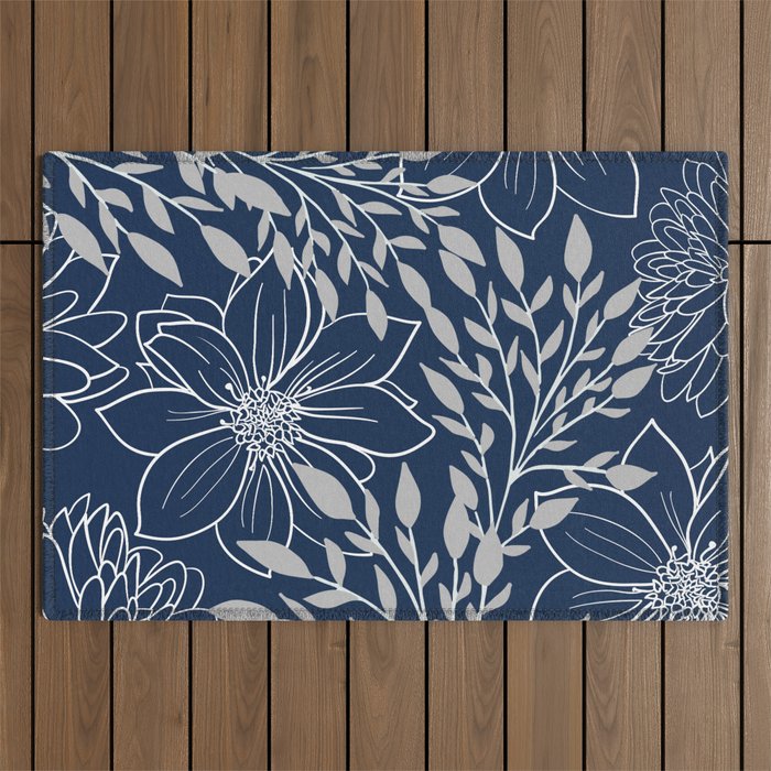 Festive, Floral Prints and Leaves, Line Art, Navy Blue and Gray Outdoor Rug Gallery Image 1