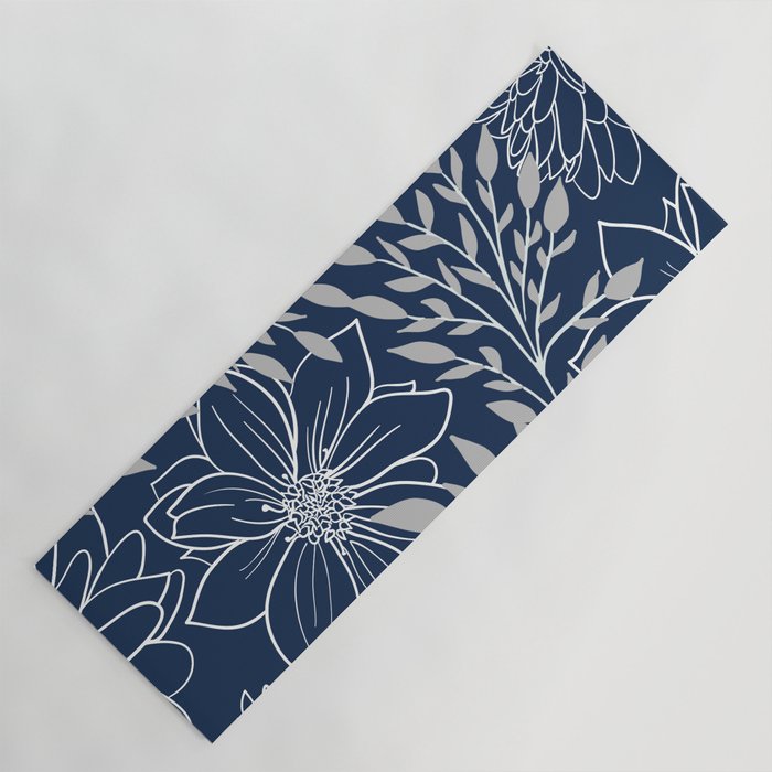 Festive, Floral Prints and Leaves, Line Art, Navy Blue and Gray Yoga Mat Gallery Image 1
