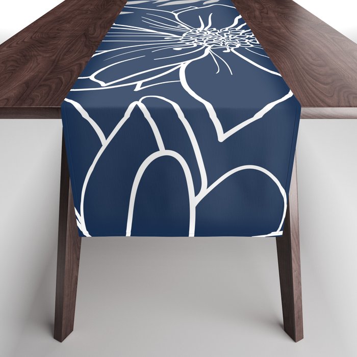 Festive, Floral Prints and Leaves, Line Art, Navy Blue and Gray Table Runner Gallery Image 1