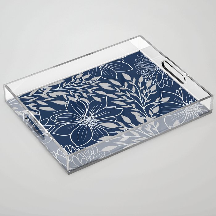 Festive, Floral Prints and Leaves, Line Art, Navy Blue and Gray Acrylic Tray Gallery Image 1