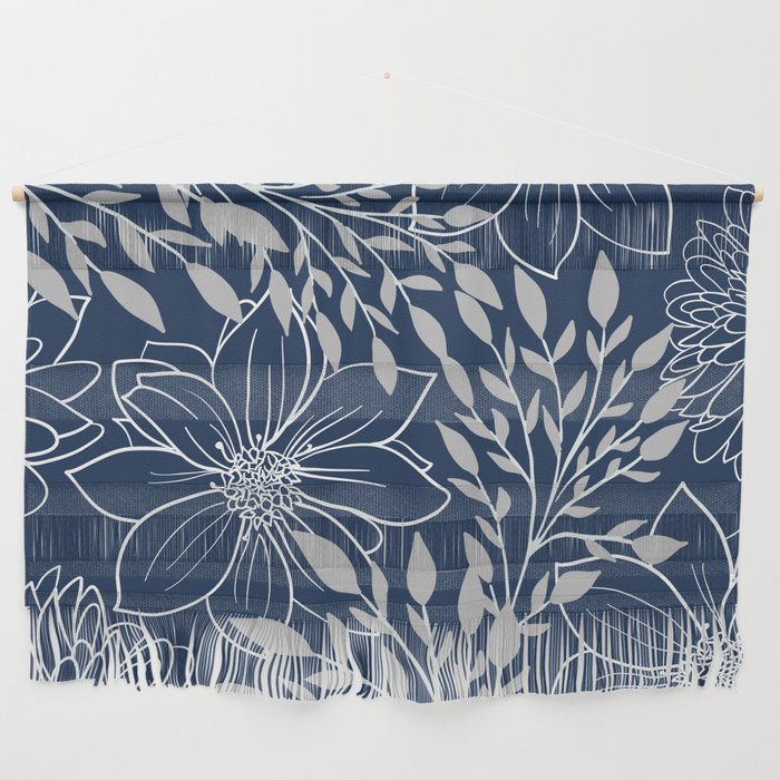 Festive, Floral Prints and Leaves, Line Art, Navy Blue and Gray Wall Hanging Gallery Image 1