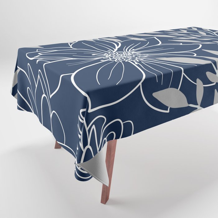 Festive, Floral Prints and Leaves, Line Art, Navy Blue and Gray Tablecloth Gallery Image 1