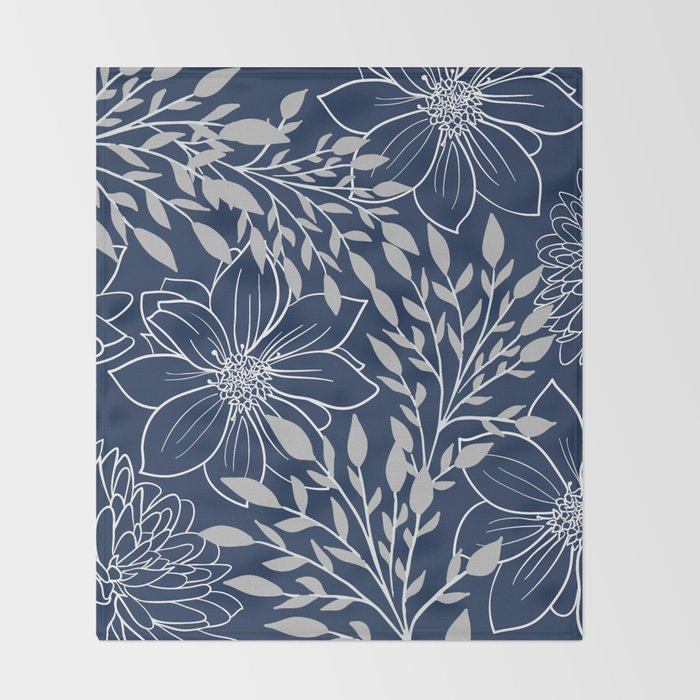Festive, Floral Prints and Leaves, Line Art, Navy Blue and Gray Throw Blanket Gallery Image 2
