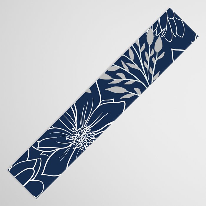 Festive, Floral Prints and Leaves, Line Art, Navy Blue and Gray Table Runner Gallery Image 3