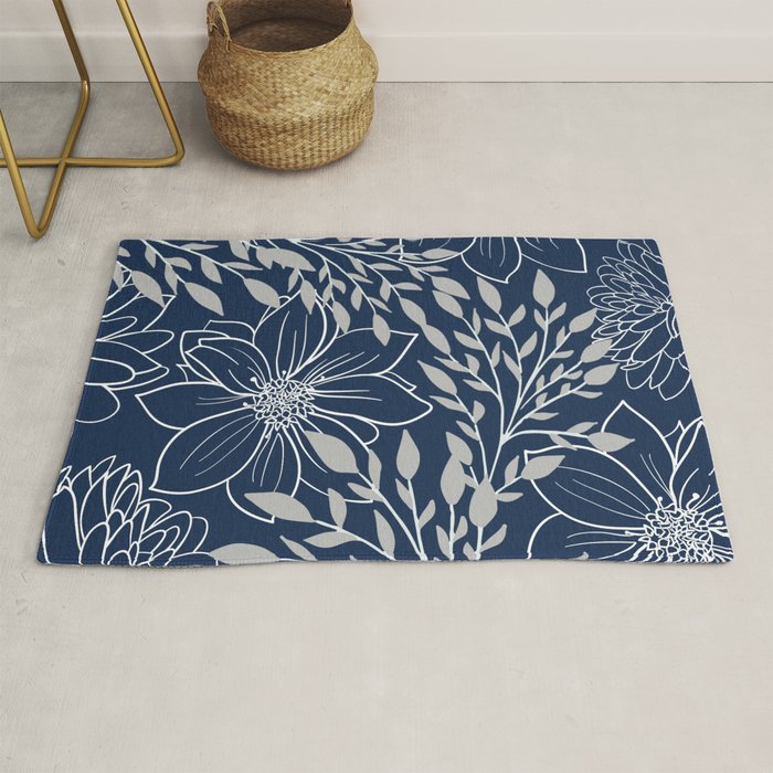 Festive, Floral Prints and Leaves, Line Art, Navy Blue and Gray Rug Gallery Image 1