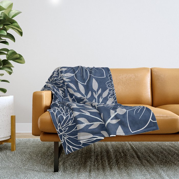 Festive, Floral Prints and Leaves, Line Art, Navy Blue and Gray Throw Blanket Gallery Image 1