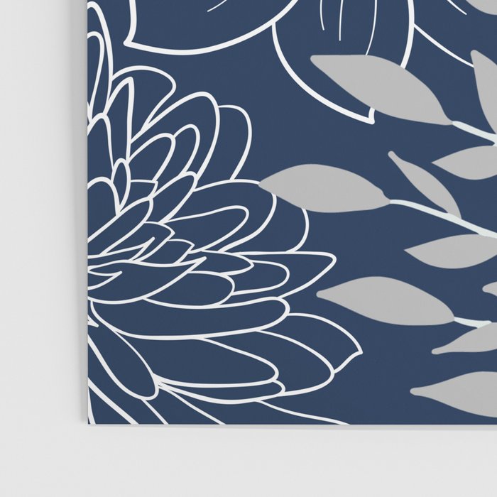 Festive, Floral Prints and Leaves, Line Art, Navy Blue and Gray Poster Gallery Image 3