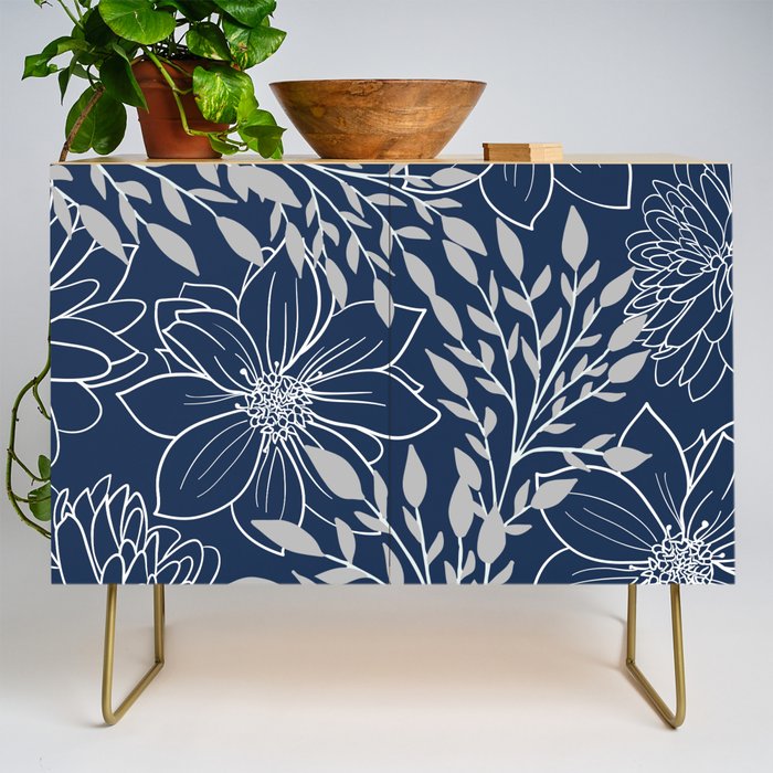 Festive, Floral Prints and Leaves, Line Art, Navy Blue and Gray Credenza Gallery Image 1