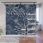 Festive, Floral Prints and Leaves, Line Art, Navy Blue and Gray Wall Mural Gallery Image 1