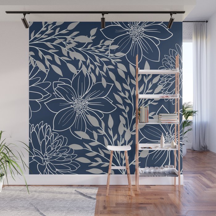 Festive, Floral Prints and Leaves, Line Art, Navy Blue and Gray Wall Mural Gallery Image 1