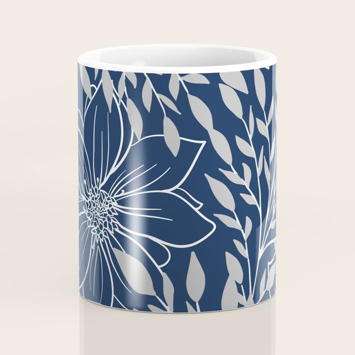 Festive, Floral Prints and Leaves, Line Art, Navy Blue and Gray Coffee Mug Gallery Image 4