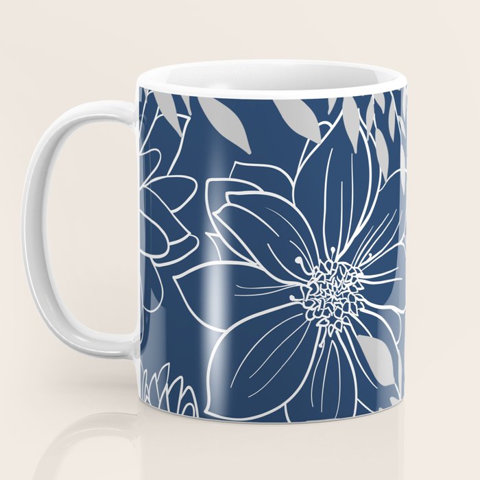 Festive, Floral Prints and Leaves, Line Art, Navy Blue and Gray Coffee Mug Gallery Image 3