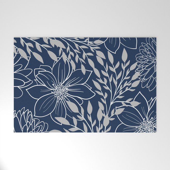 Festive, Floral Prints and Leaves, Line Art, Navy Blue and Gray Welcome Mat Gallery Image 1