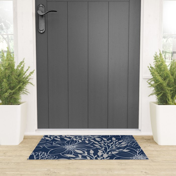 Festive, Floral Prints and Leaves, Line Art, Navy Blue and Gray Welcome Mat Gallery Image 3