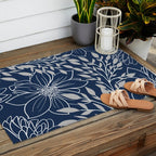 Festive, Floral Prints and Leaves, Line Art, Navy Blue and Gray Outdoor Rug Gallery Image 2