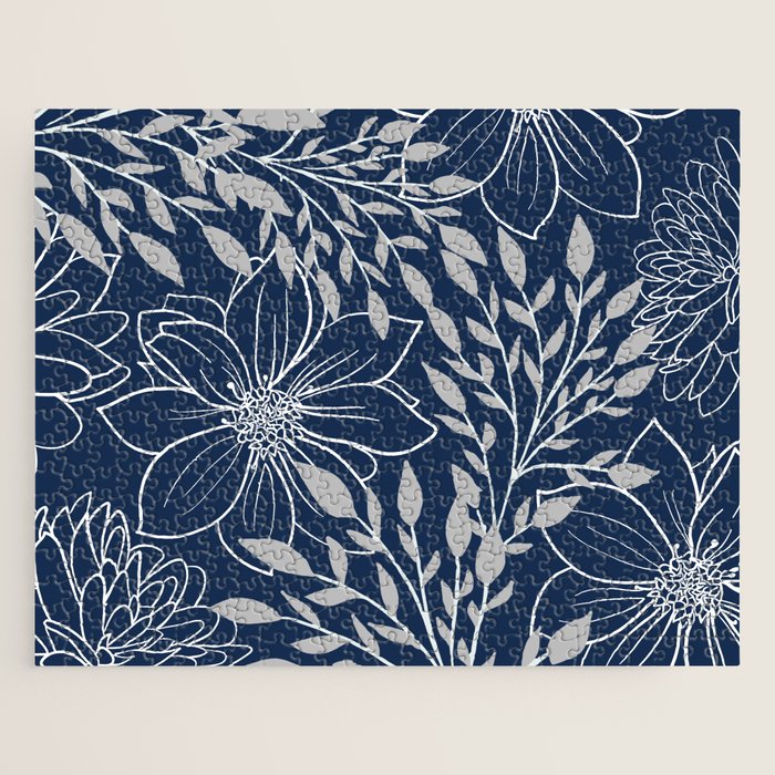 Festive, Floral Prints and Leaves, Line Art, Navy Blue and Gray Jigsaw Puzzle Gallery Image 1