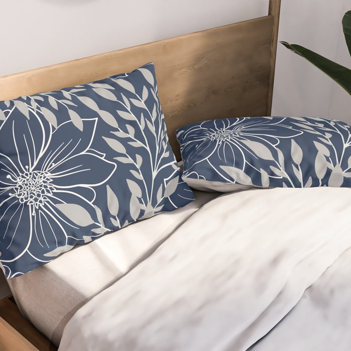 Festive, Floral Prints and Leaves, Line Art, Navy Blue and Gray Pillow Sham Gallery Image 2