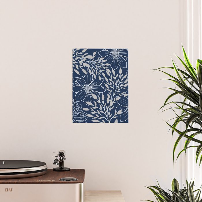 Festive, Floral Prints and Leaves, Line Art, Navy Blue and Gray Poster Gallery Image 2