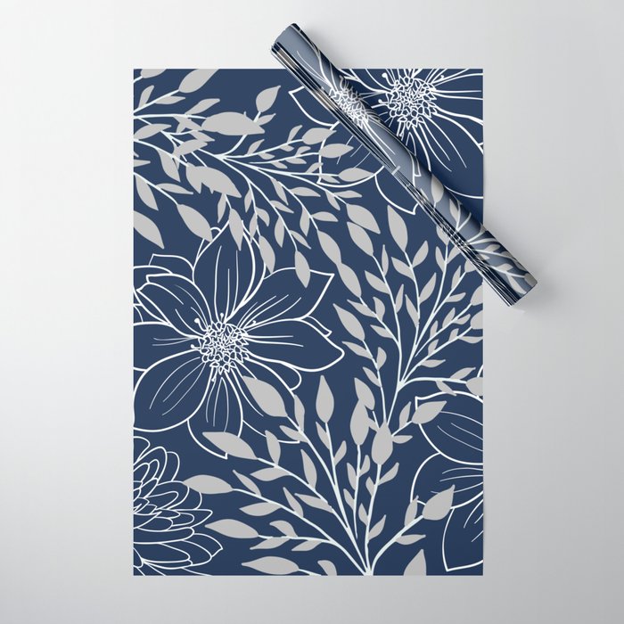 Festive, Floral Prints and Leaves, Line Art, Navy Blue and Gray Wrapping Paper Gallery Image 1