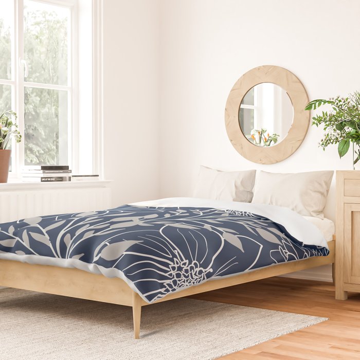 Festive, Floral Prints and Leaves, Line Art, Navy Blue and Gray Duvet Cover Gallery Image 2