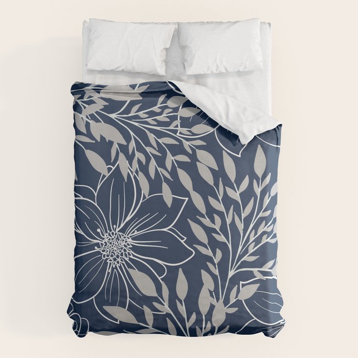 Festive, Floral Prints and Leaves, Line Art, Navy Blue and Gray Duvet Cover Gallery Image 1