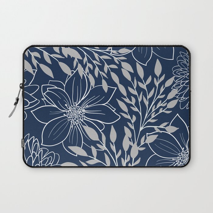 Festive, Floral Prints and Leaves, Line Art, Navy Blue and Gray Laptop Sleeve Gallery Image 1