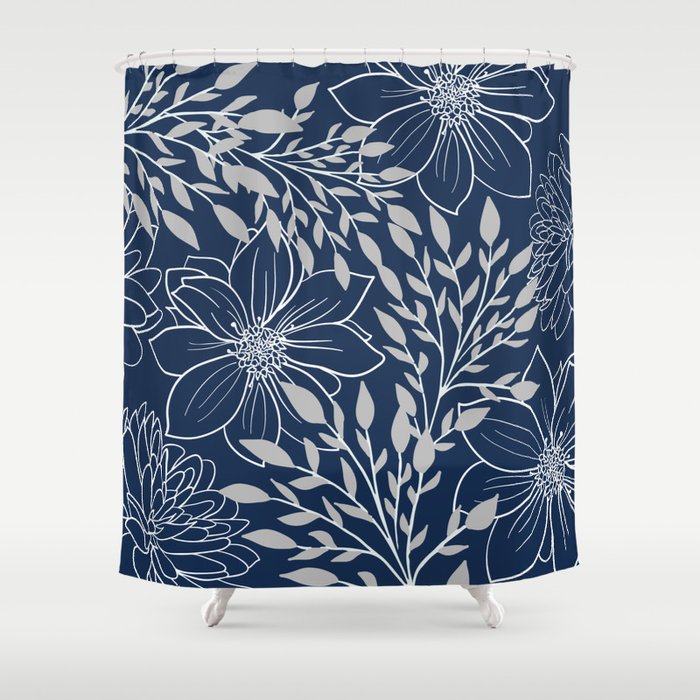 Festive, Floral Prints and Leaves, Line Art, Navy Blue and Gray Shower Curtain Gallery Image 1