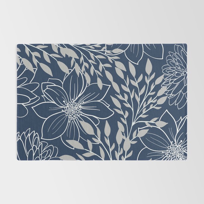 Festive, Floral Prints and Leaves, Line Art, Navy Blue and Gray Rug Gallery Image 2