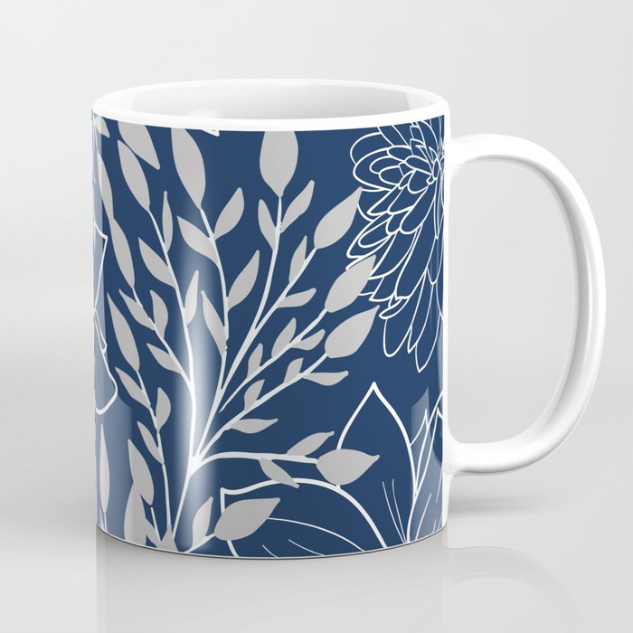 Festive, Floral Prints and Leaves, Line Art, Navy Blue and Gray Coffee Mug Gallery Image 1