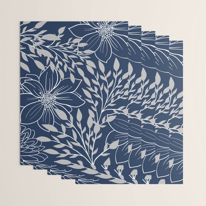 Festive, Floral Prints and Leaves, Line Art, Navy Blue and Gray Wrapping Paper Gallery Image 3