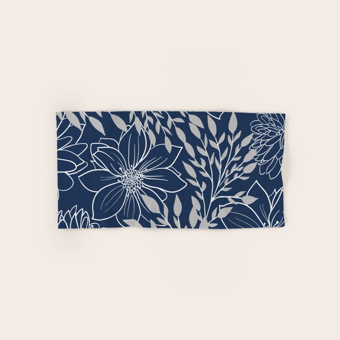 Festive, Floral Prints and Leaves, Line Art, Navy Blue and Gray Bath Towel Gallery Image 1