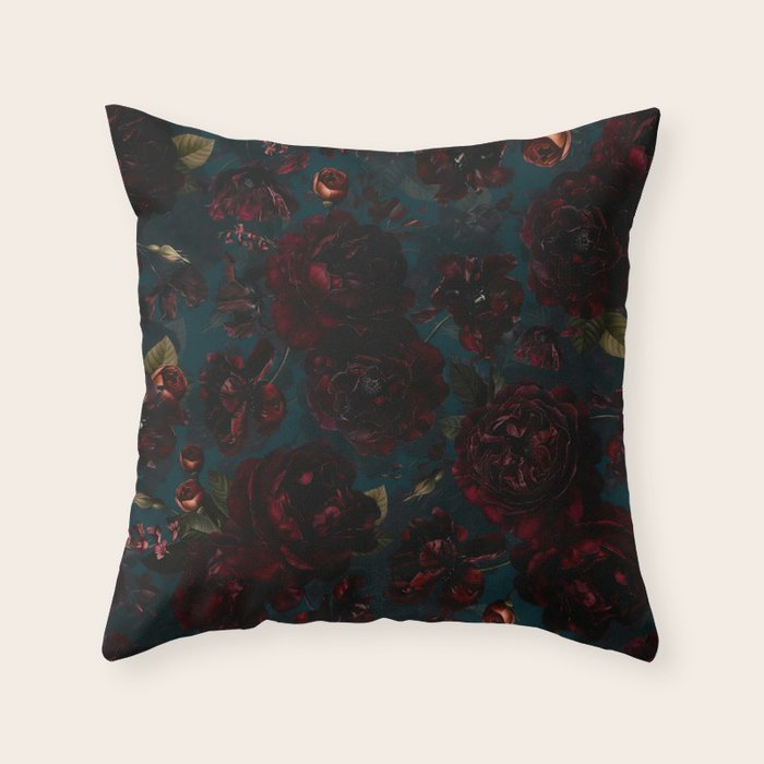 Vintage Black Dramatic Glamour Autumn Romanticism: Maximalism Moody Florals - Grand Millennial Midnight burgundy Roses Black Roses Bouquets and Nostalgic Gothic Mystic Flowers Throw Pillow Gallery Image 6