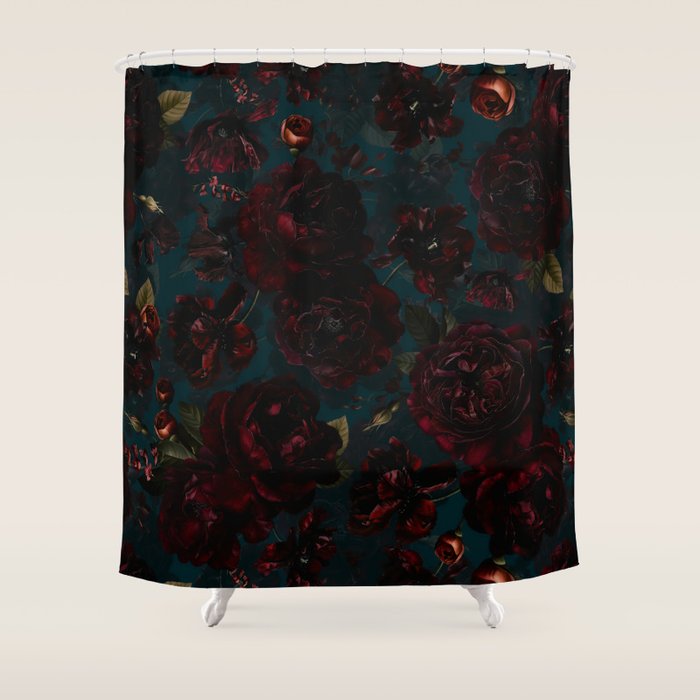 Vintage Black Dramatic Glamour Autumn Romanticism: Maximalism Moody Florals - Grand Millennial Midnight burgundy Roses Black Roses Bouquets and Nostalgic Gothic Mystic Flowers Shower Curtain Gallery Image 1
