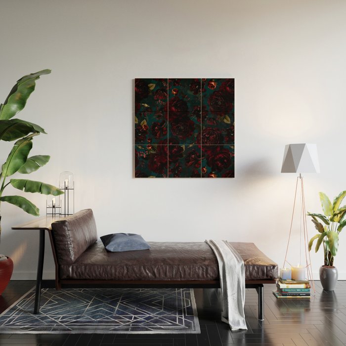 Vintage Black Dramatic Glamour Autumn Romanticism: Maximalism Moody Florals - Grand Millennial Midnight burgundy Roses Black Roses Bouquets and Nostalgic Gothic Mystic Flowers Wood Wall Art Gallery Image 2