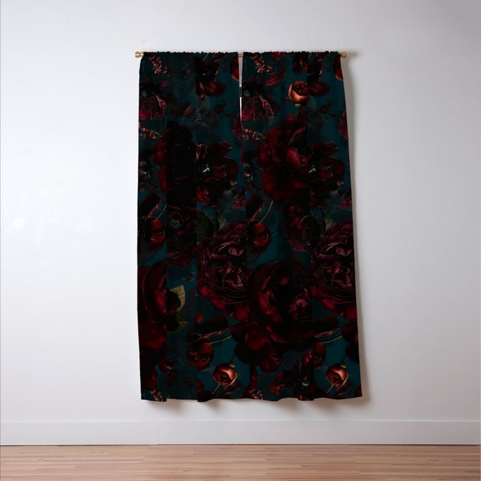 Vintage Black Dramatic Glamour Autumn Romanticism: Maximalism Moody Florals - Grand Millennial Midnight burgundy Roses Black Roses Bouquets and Nostalgic Gothic Mystic Flowers Window Curtain Gallery Image 3