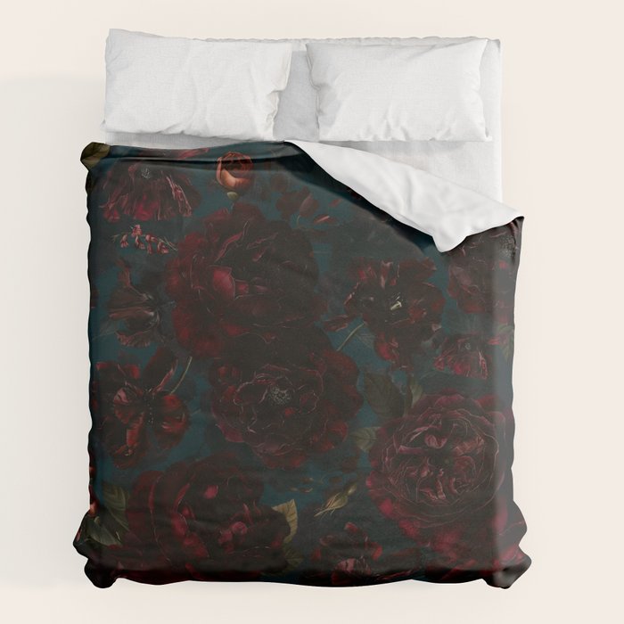 Vintage Black Dramatic Glamour Autumn Romanticism: Maximalism Moody Florals - Grand Millennial Midnight burgundy Roses Black Roses Bouquets and Nostalgic Gothic Mystic Flowers Duvet Cover Gallery Image 7