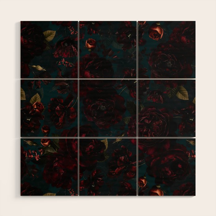 Vintage Black Dramatic Glamour Autumn Romanticism: Maximalism Moody Florals - Grand Millennial Midnight burgundy Roses Black Roses Bouquets and Nostalgic Gothic Mystic Flowers Wood Wall Art Gallery Image 1