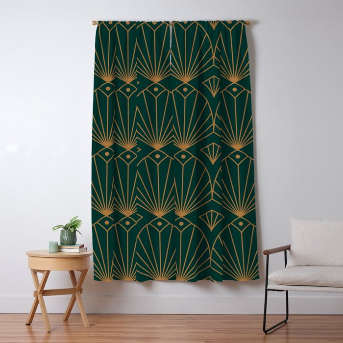 Art Deco Emerald Green & Gold Pattern Window Curtain Gallery Image 5