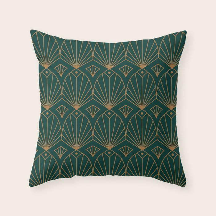 Art Deco Emerald Green & Gold Pattern Throw Pillow Gallery Image 1