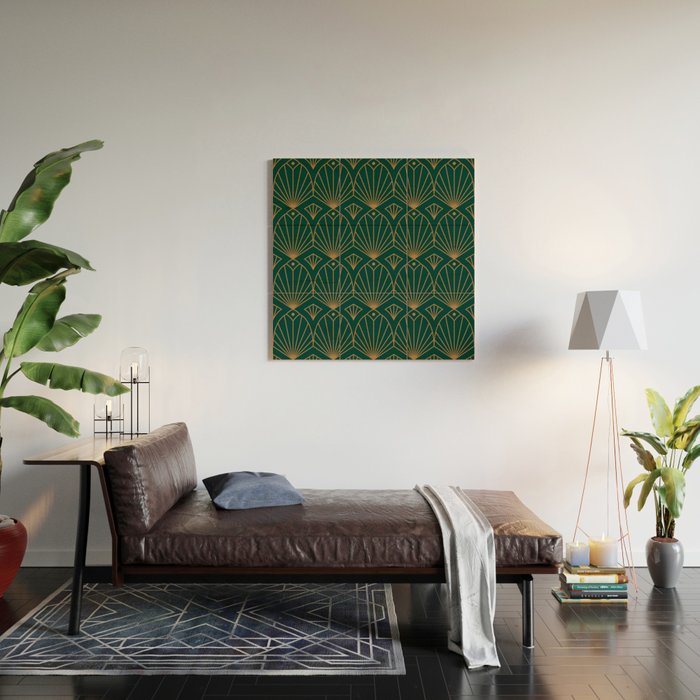 Art Deco Emerald Green & Gold Pattern Wood Wall Art Gallery Image 2