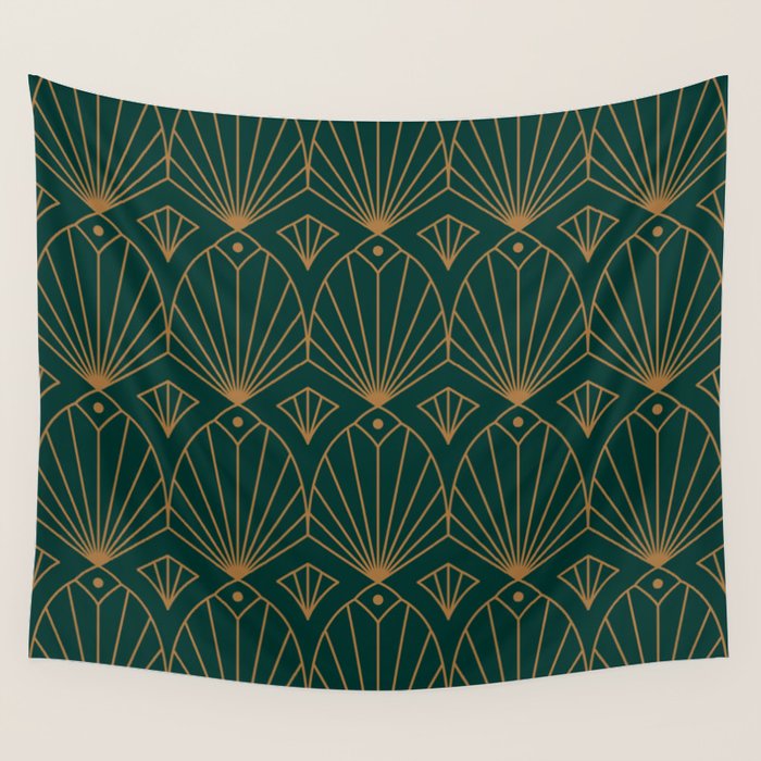 Art Deco Emerald Green & Gold Pattern Wall Tapestry Gallery Image 4