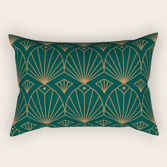 Art Deco Emerald Green & Gold Pattern Rectangular Pillow Gallery Image 1