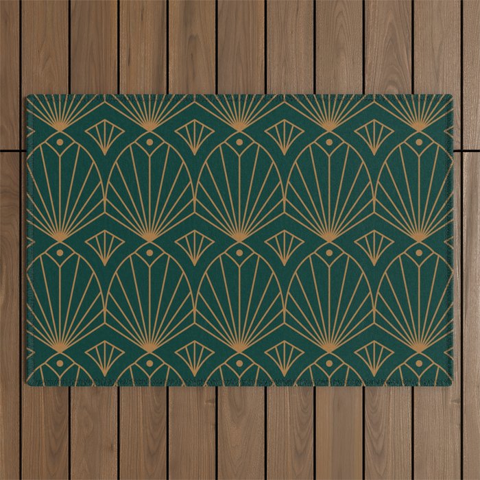 Art Deco Emerald Green & Gold Pattern Outdoor Rug Gallery Image 1