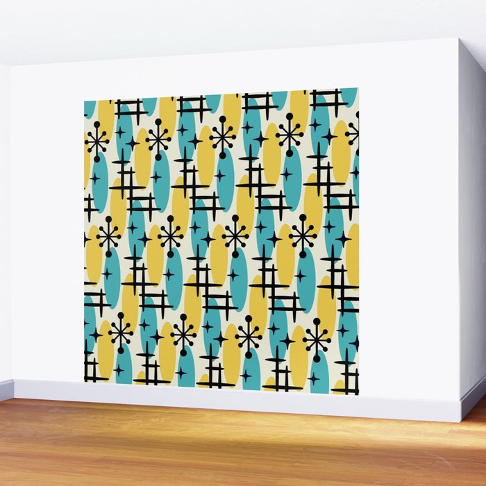 Retro Mid Century Modern Googie Design 231 Turquoise and Yellow Wall Mural Gallery Image 2