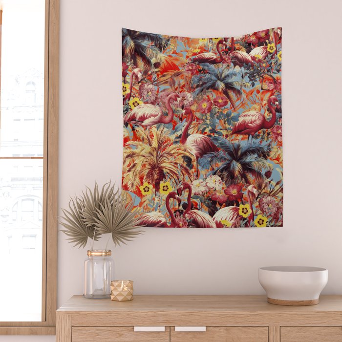 Flamingos and Floral Pattern Wall Tapestry Gallery Image 2