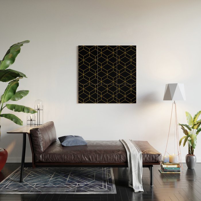 Geometric Honeycomb Lattice Pattern in Light Mustard and Black Wood Wall Art Gallery Image 2