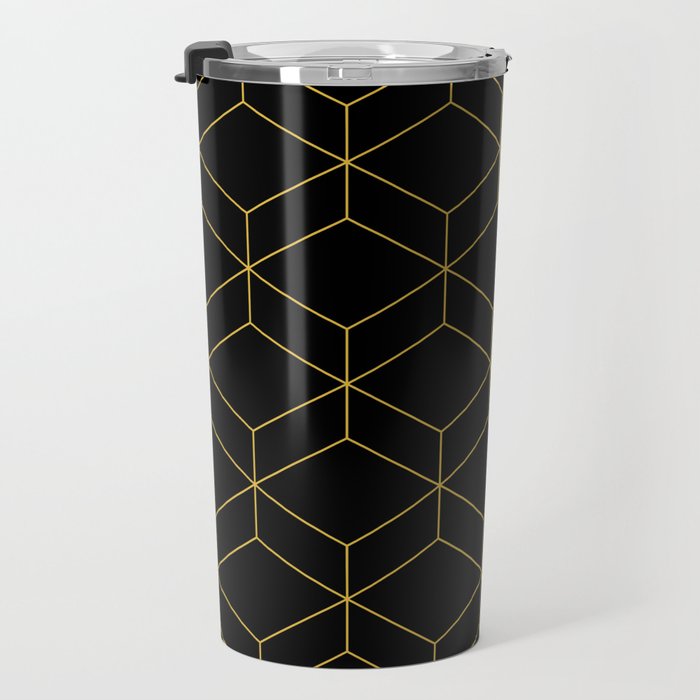 Geometric Honeycomb Lattice Pattern in Light Mustard and Black Travel Mug Gallery Image 3