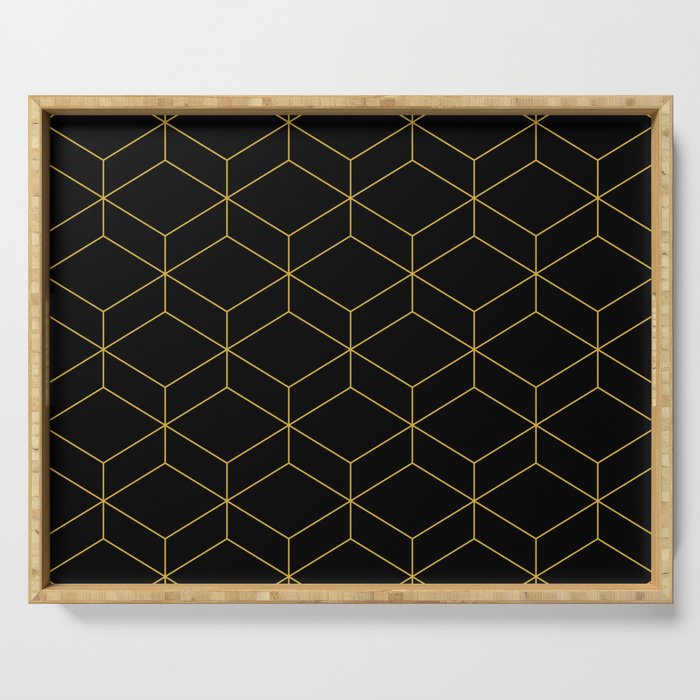 Geometric Honeycomb Lattice Pattern in Light Mustard and Black Serving Tray Gallery Image 1