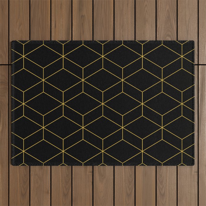Geometric Honeycomb Lattice Pattern in Light Mustard and Black Outdoor Rug Gallery Image 1
