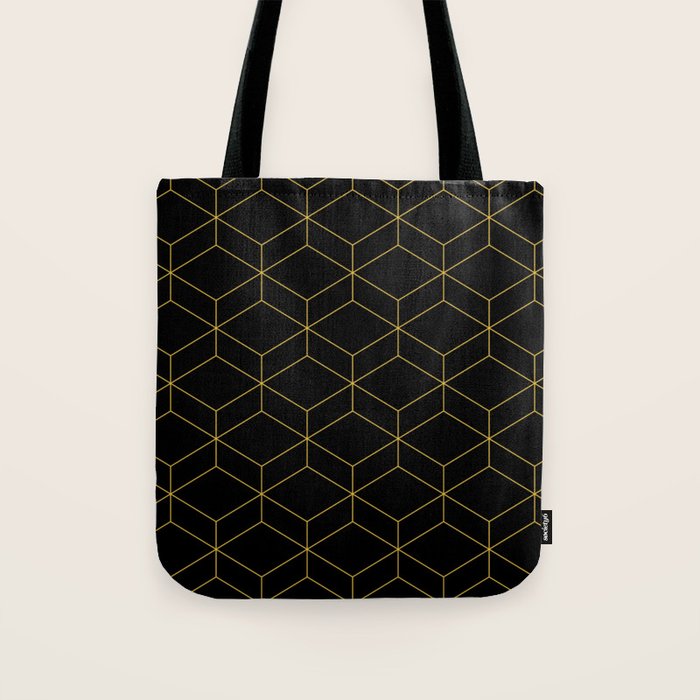 Geometric Honeycomb Lattice Pattern in Light Mustard and Black Tote Bag Gallery Image 1